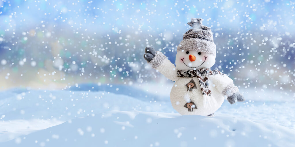 Snowman in winter background, snow fall