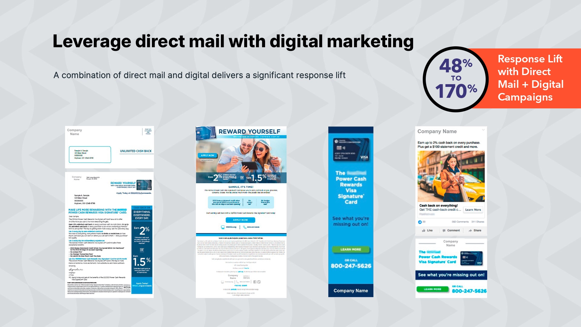creative carousel slide 5: leverage direct mail with digital marketing. A combination of direct mail and digital delivers a significant response life from 48% to 170%.