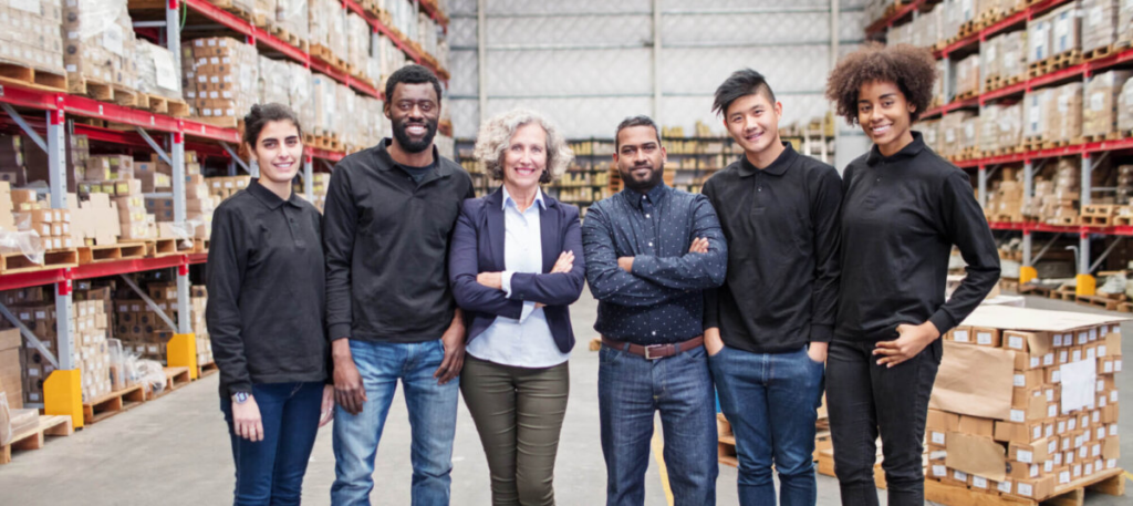 team of workers in warehouse